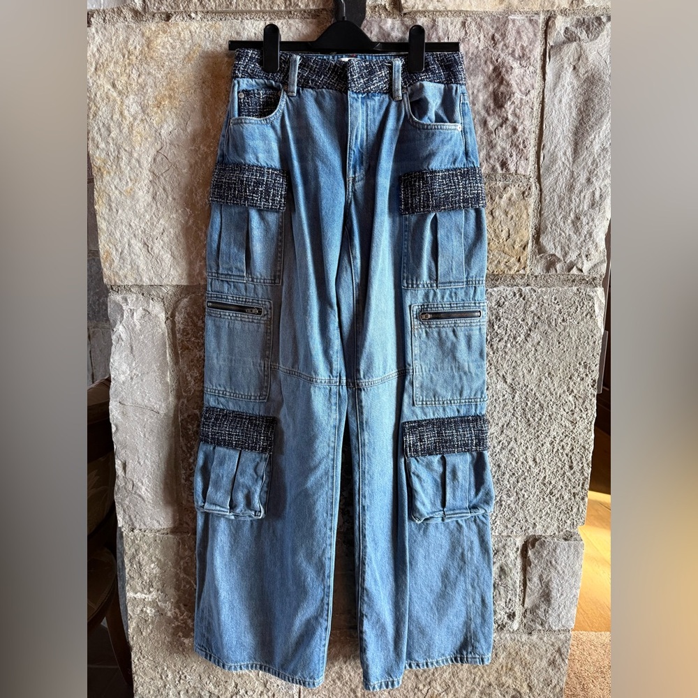Alice and Olivia - Light Blue Denim Cargo Pants with Black Tweed Accents